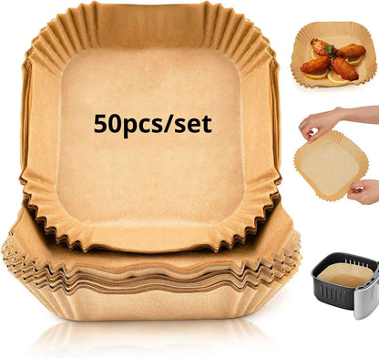 50ks/set Jednorázová papírová vložka do fritézy 23CM Vodotěsná vzduchová fritéza odolná vůči oleji Jednorázové zásobníky na papír na pečení Pečící papír