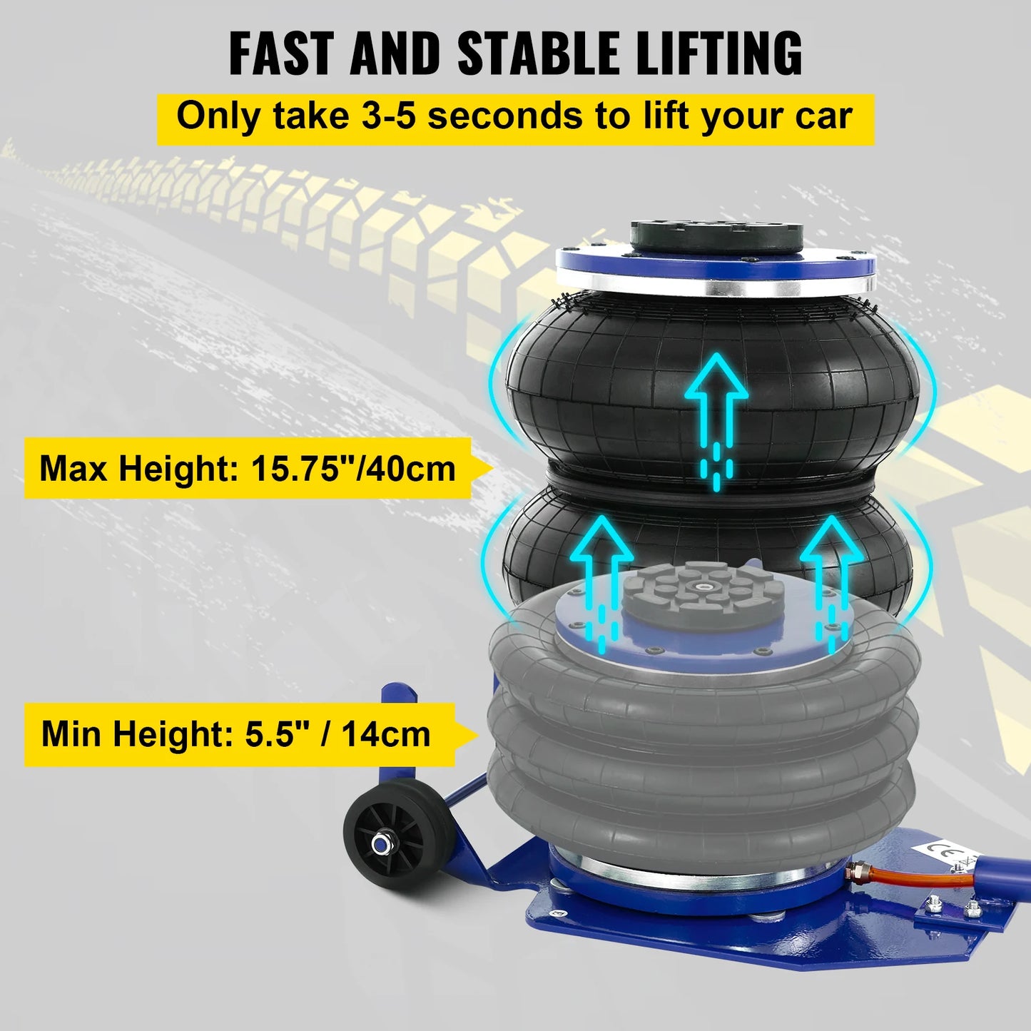 VEVOR 3 / 5 tunový automobilový trojitý vak Vzduchový zvedák Pneumatický zvedák Výška rychlého zvedání 16 palců / 40 cm pro nákladní auto Van SUV Auto Repair Tool