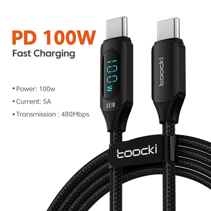 Kabel Toocki Type C to Type C 100W PD rychlonabíjecí nabíječka USB C to USB C Display kabel pro Xiaomi POCO F3 Realme Macbook iPad