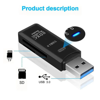 Multifunkční vysokorychlostní čtečka karet 2 v 1 USB 3.0/2.0 Podporuje počítač TF+SD, fotoaparát tabletu, notebook, montáž do auta