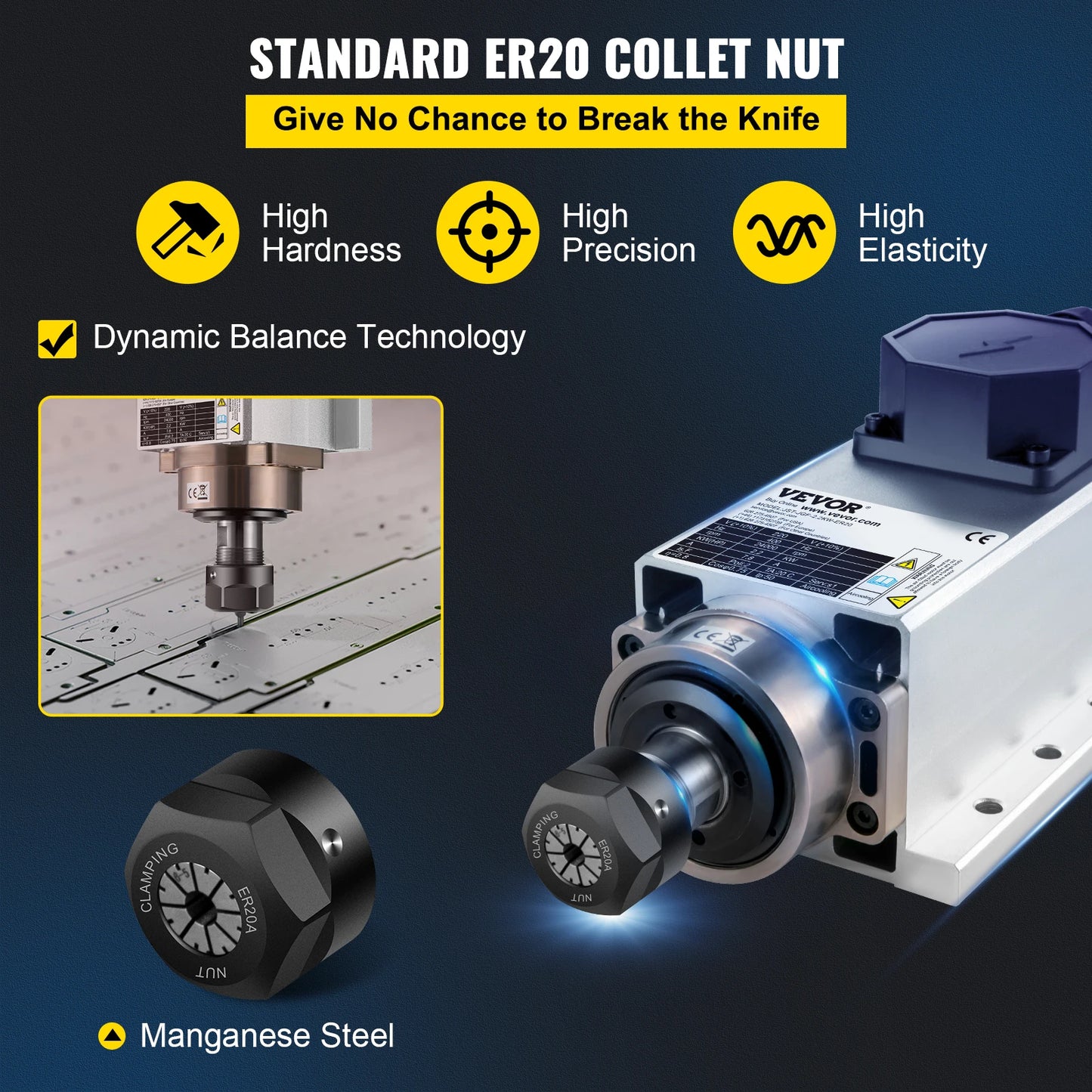VEVOR 2,2KW CNC čtyřhranný vzduchem chlazený vřetenový motor ER20 kleština 4 ložiskový frekvenční měnič CNC frézka s gravírováním