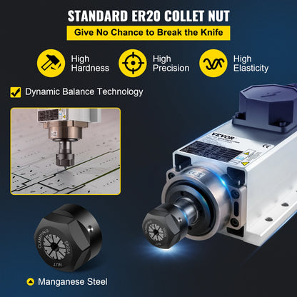 VEVOR 2,2KW CNC čtyřhranný vzduchem chlazený vřetenový motor ER20 kleština 4 ložiskový frekvenční měnič CNC frézka s gravírováním