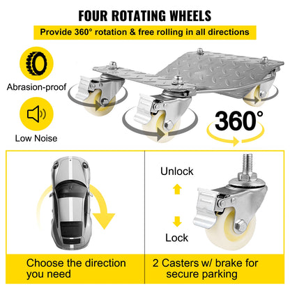 VEVOR 2 ks Auto Pneumatika Kolečka Vozík Dollies Parkovací asistent Vozidlo Pohyblivé pneumatiky Brusle se 4 kolečky Hmotnost 1100 lbs