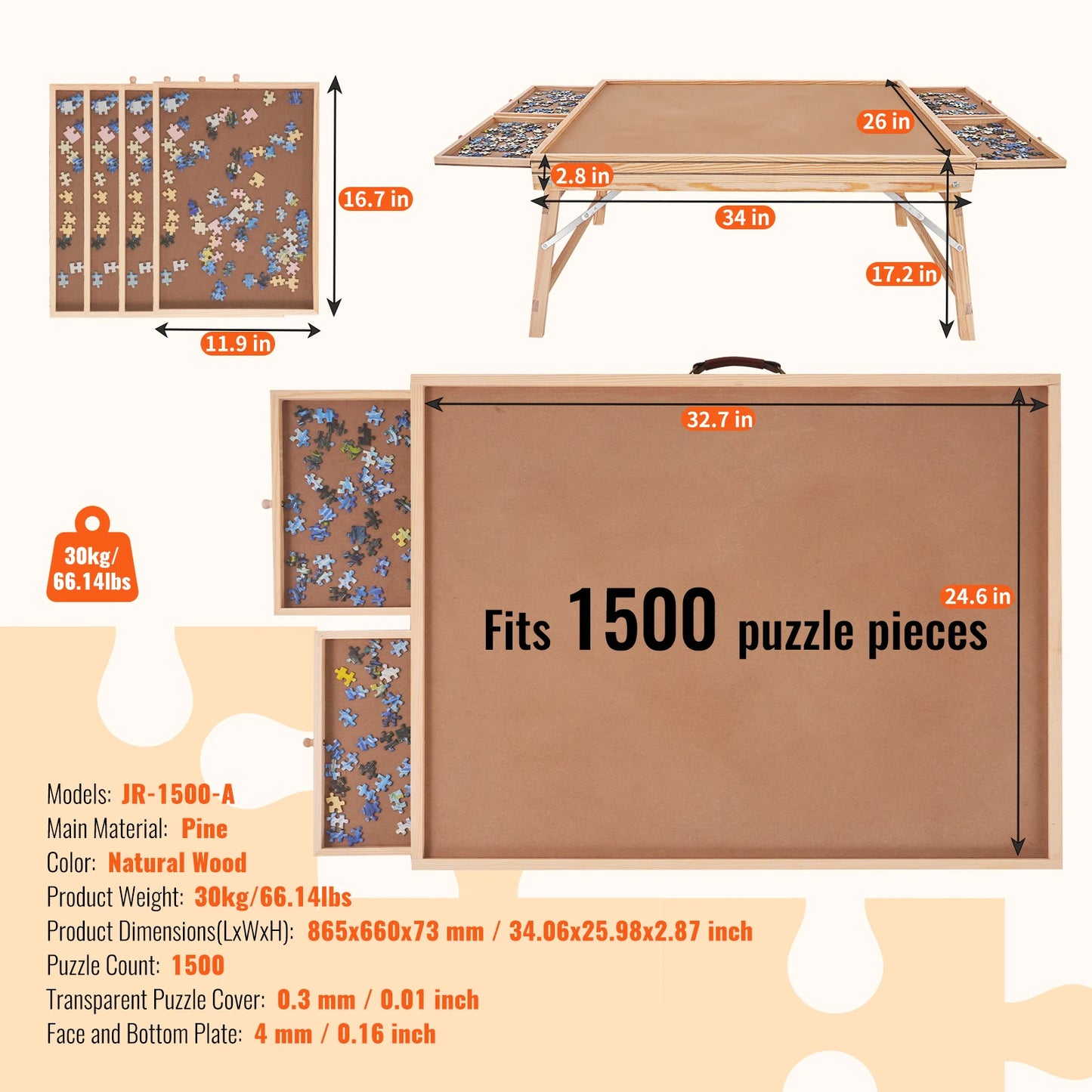 VEVOR 1500dílný puzzle stůl se skládacími nohami, 4 zásuvkami a krytem Dřevěná plošina na puzzle pro dospělé Dárek pro maminku