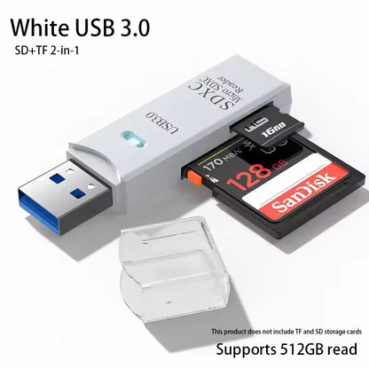 Multifunkční vysokorychlostní čtečka karet 2 v 1 USB 3.0/2.0 Podporuje počítač TF+SD, fotoaparát tabletu, notebook, montáž do auta