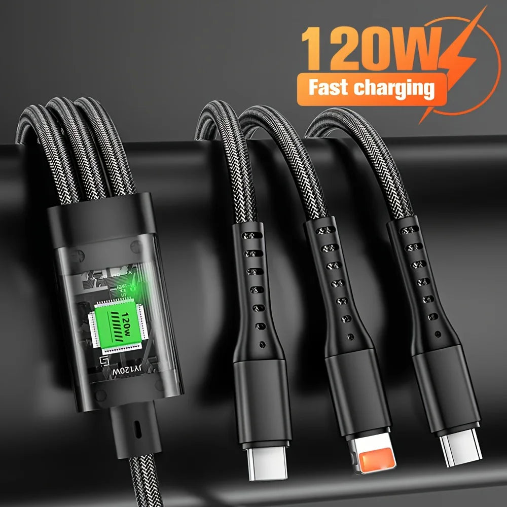 Datový kabel 3-V-1 120W/100W pro iPhone 15-7 Kabel pro rychlé nabíjení USB to TypeC 8pin Mirco USB pro Samsung Huawei Xiaomi USB C