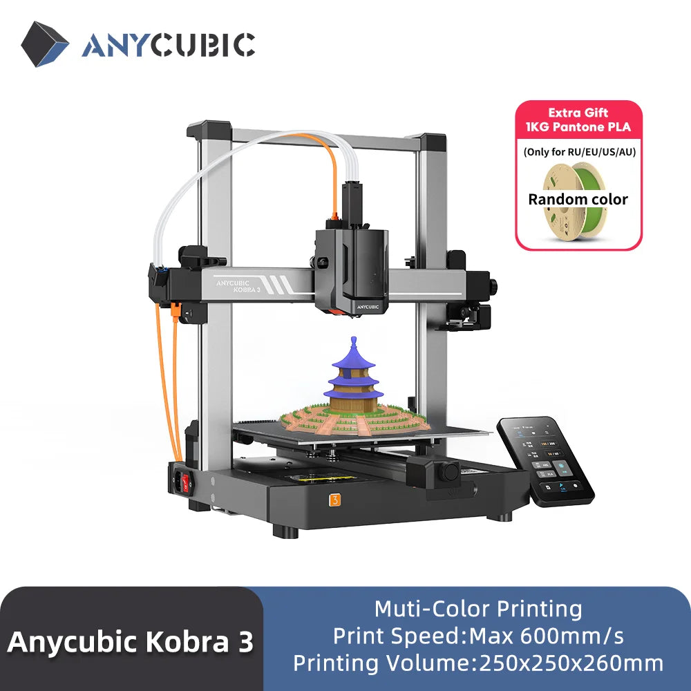 Vícebarevná 3D tiskárna ANYCUBIC Kobra 3 FDM Tisk ve 4 až 8 barvách s maximální rychlostí tisku 600 mm/s Velikost sestavy 250 mm x 250 mm x 260 mm