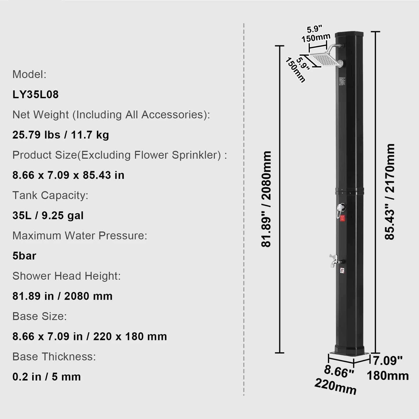 Venkovní solární vyhřívaná sprcha VEVOR 35/40L sprchová souprava s dvojitou přezkou na hlavu a nohu pro venkovní dvorek u bazénu, plážové lázně