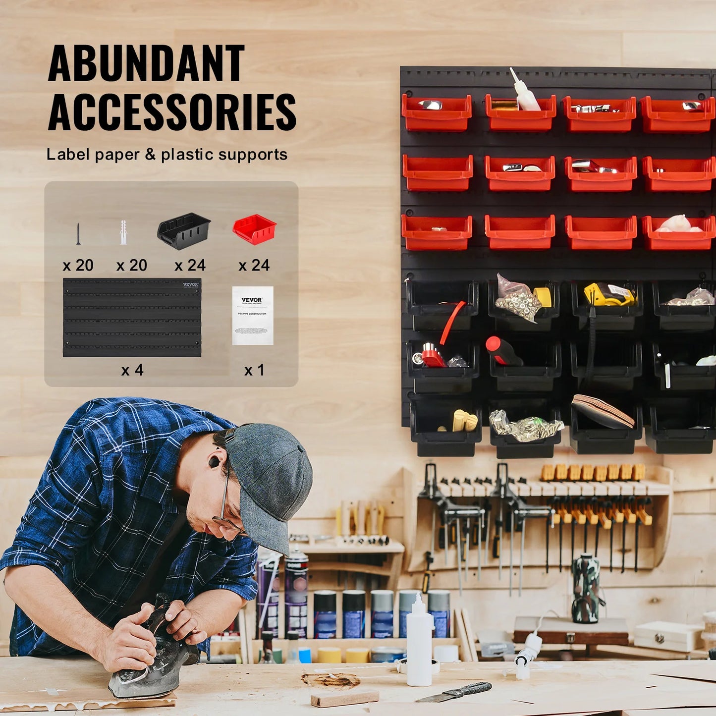 VEVOR 48ks Skladové koše na díly Nástěnné garážové kontejnery s nástěnnými panely Organizér nástrojů pro matice Šrouby Šrouby Hřebíky