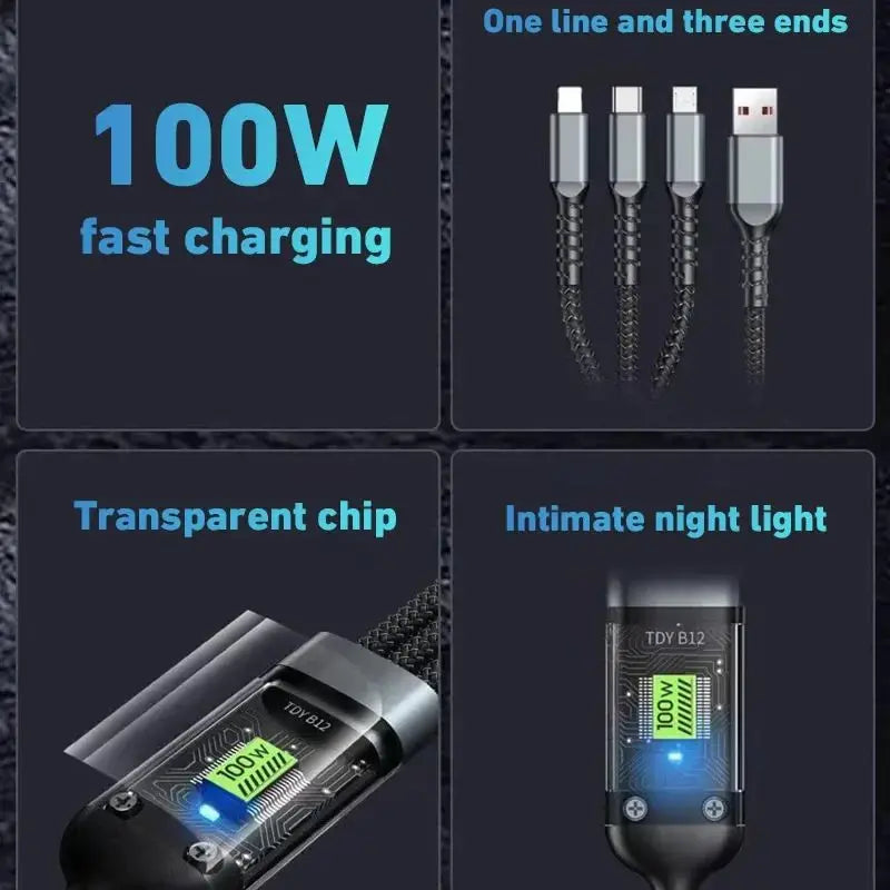 Datový kabel 3-V-1 120W/100W pro iPhone 15-7 Kabel pro rychlé nabíjení USB to TypeC 8pin Mirco USB pro Samsung Huawei Xiaomi USB C