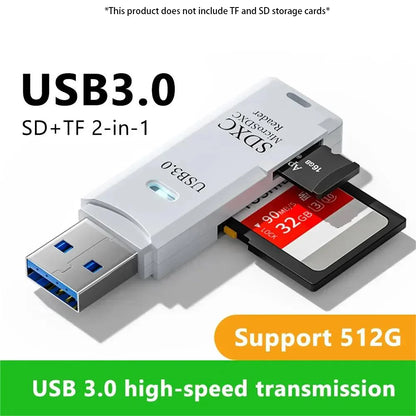 Multifunkční vysokorychlostní čtečka karet 2 v 1 USB 3.0/2.0 Podporuje počítač TF+SD, fotoaparát tabletu, notebook, montáž do auta