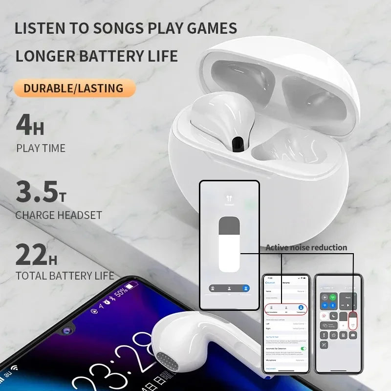Originální Pro6 TWS Bezdrátová Bluetooth sluchátka Bluetooth 5.3 Sluchátka Sportovní sluchátka Smart Touch Music Headset pro všechny smartphony