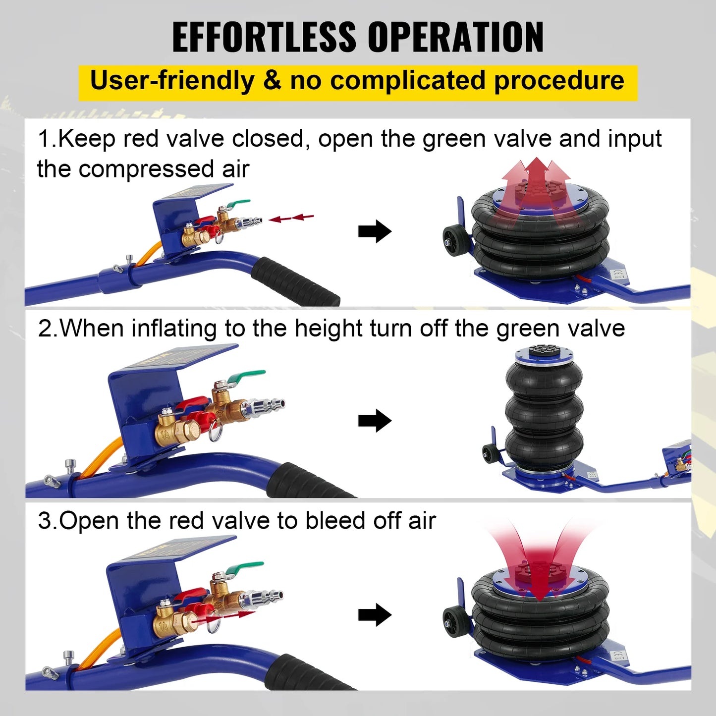 VEVOR 3 / 5 tunový automobilový trojitý vak Vzduchový zvedák Pneumatický zvedák Výška rychlého zvedání 16 palců / 40 cm pro nákladní auto Van SUV Auto Repair Tool