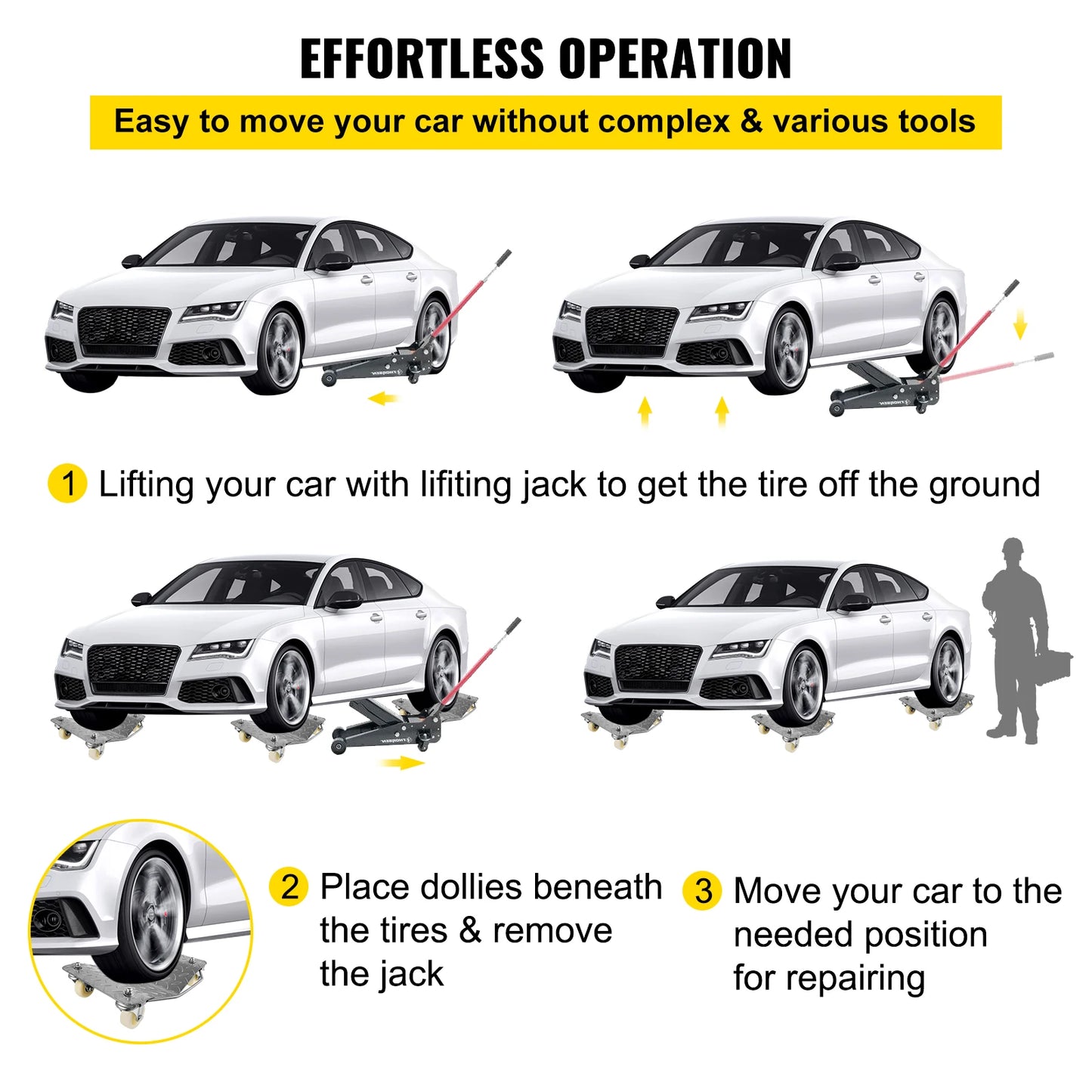 VEVOR 2 ks Auto Pneumatika Kolečka Vozík Dollies Parkovací asistent Vozidlo Pohyblivé pneumatiky Brusle se 4 kolečky Hmotnost 1100 lbs