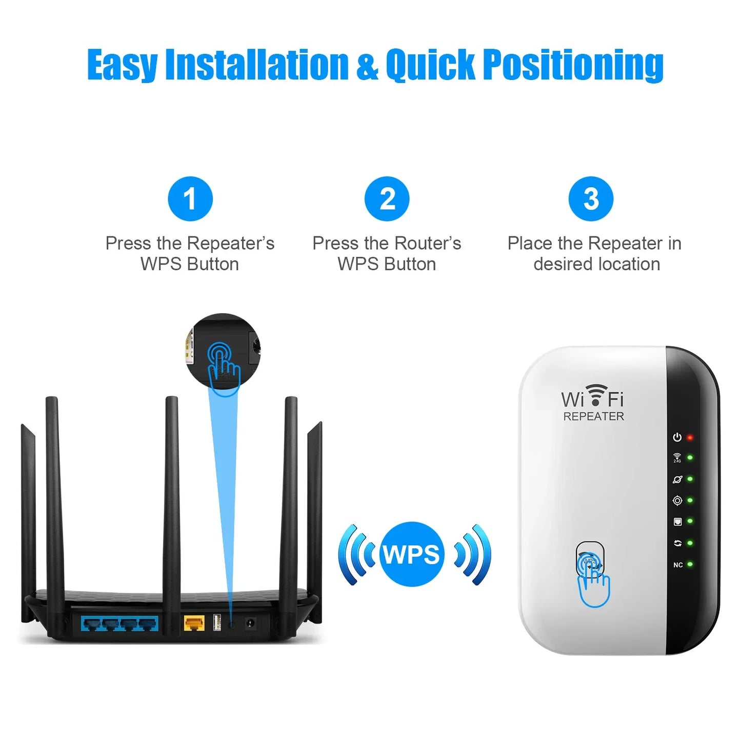 Bezdrátový WiFi opakovač 300Mbps WiFi Extender zesilovač Booster Router 802.11N WPS s dlouhým dosahem 7 stavového světla WiFi opakovač pro PC