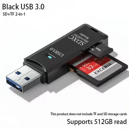 Multifunkční vysokorychlostní čtečka karet 2 v 1 USB 3.0/2.0 Podporuje počítač TF+SD, fotoaparát tabletu, notebook, montáž do auta