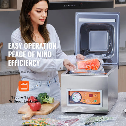 VEVOR DZ-260S Komorový vakuový těsnící stroj 260W vakuový balicí stroj s délkou těsnění 10,2" pro mokré potraviny, maso, domácí použití v kuchyni