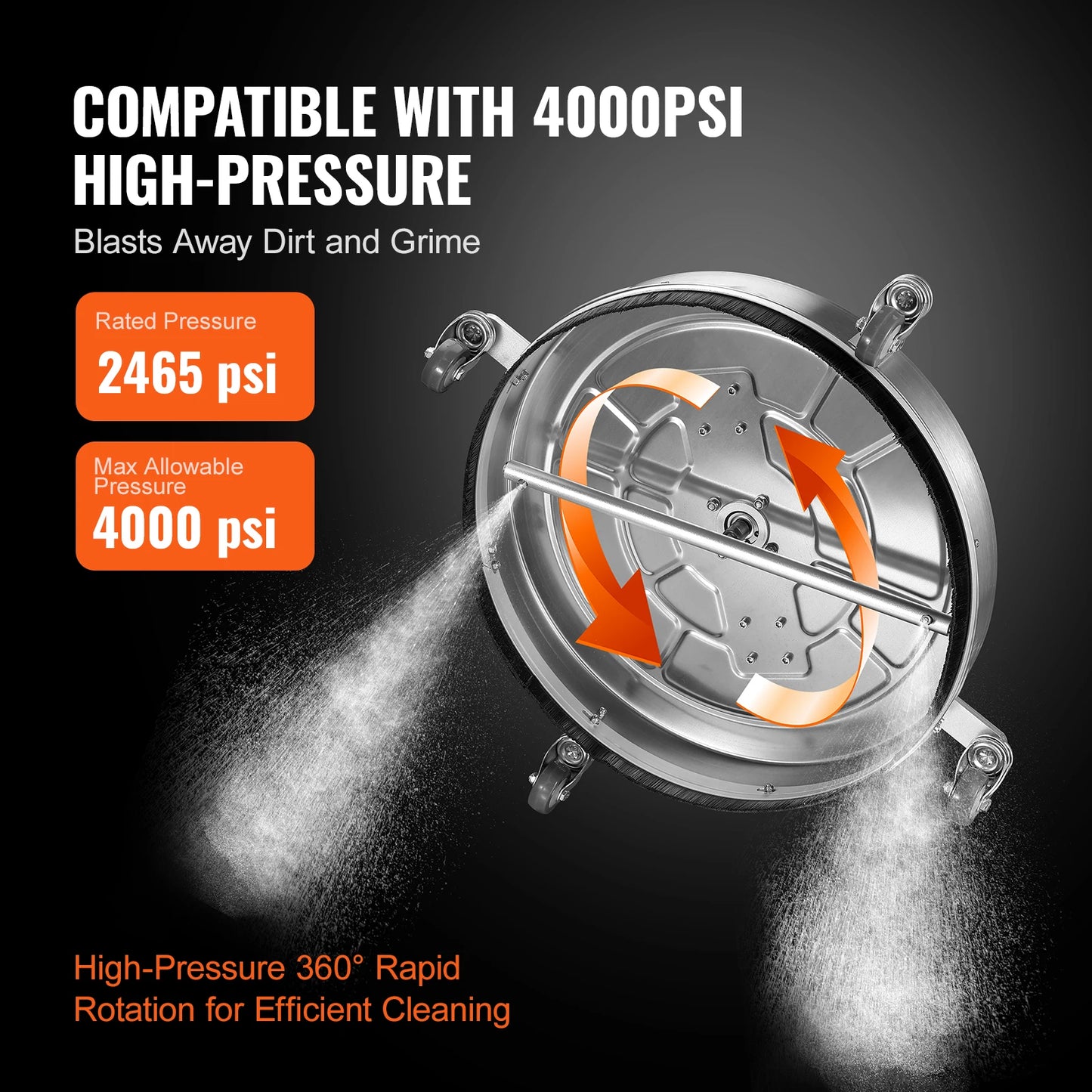 VEVOR 15/18/20/24" čistič povrchů tlaková myčka s rukojetí a kolečky Čistič na beton z nerezové oceli 4000 Max PSI pro zahradu