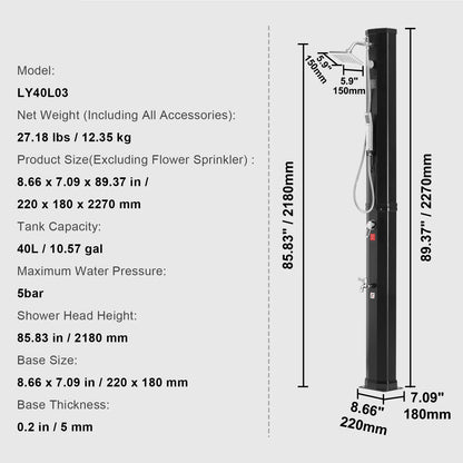 Venkovní solární vyhřívaná sprcha VEVOR 35/40L sprchová souprava s dvojitou přezkou na hlavu a nohu pro venkovní dvorek u bazénu, plážové lázně