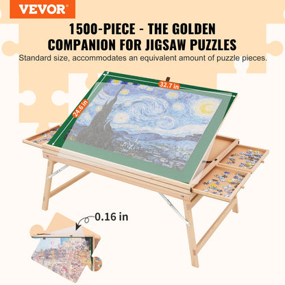 VEVOR 1500dílný puzzle stůl se skládacími nohami, 4 zásuvkami a krytem Dřevěná plošina na puzzle pro dospělé Dárek pro maminku