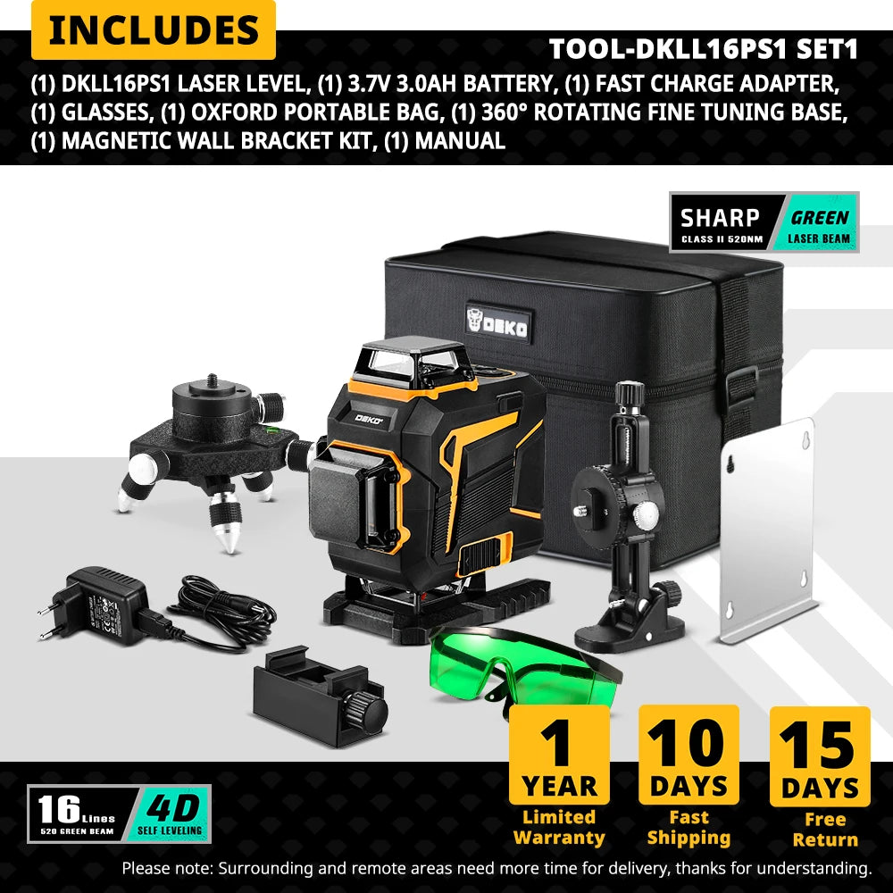 DEKO 4D 16řádkový samonivelační laserový nivelační stroj 360 horizontální a vertikální příčný laserový paprsek se zeleným laserovým paprskem se stativem