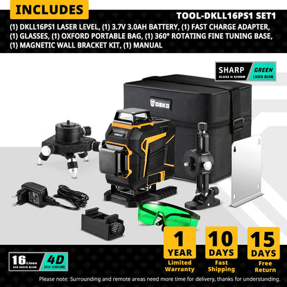 DEKO 4D 16řádkový samonivelační laserový nivelační stroj 360 horizontální a vertikální příčný laserový paprsek se zeleným laserovým paprskem se stativem