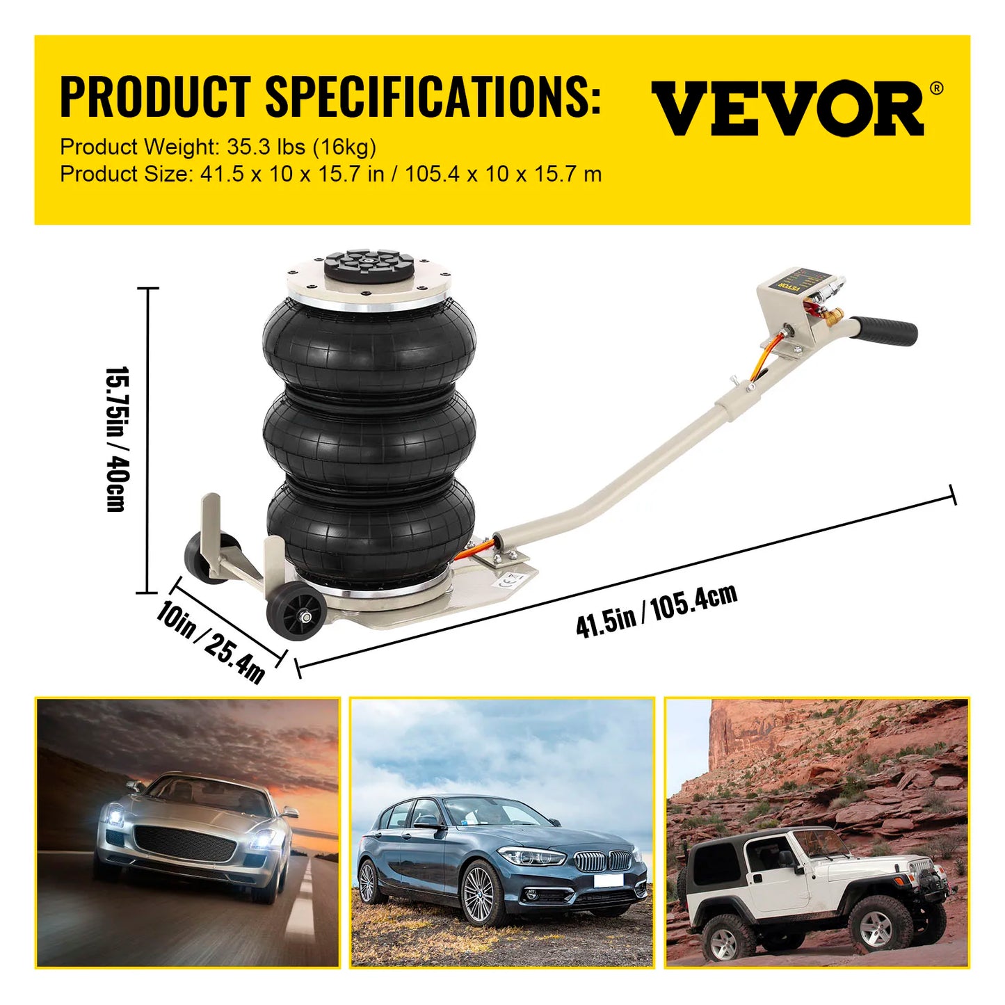 VEVOR 3 / 5 tunový automobilový trojitý vak Vzduchový zvedák Pneumatický zvedák Výška rychlého zvedání 16 palců / 40 cm pro nákladní auto Van SUV Auto Repair Tool