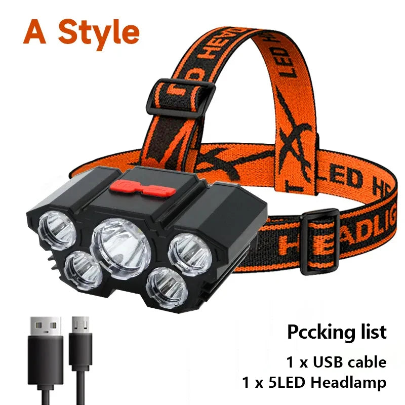 5 LED čelovka dobíjecí s vestavěnou baterií Silné světlo čelovka Camping Adventure Fishing Head Light baterka