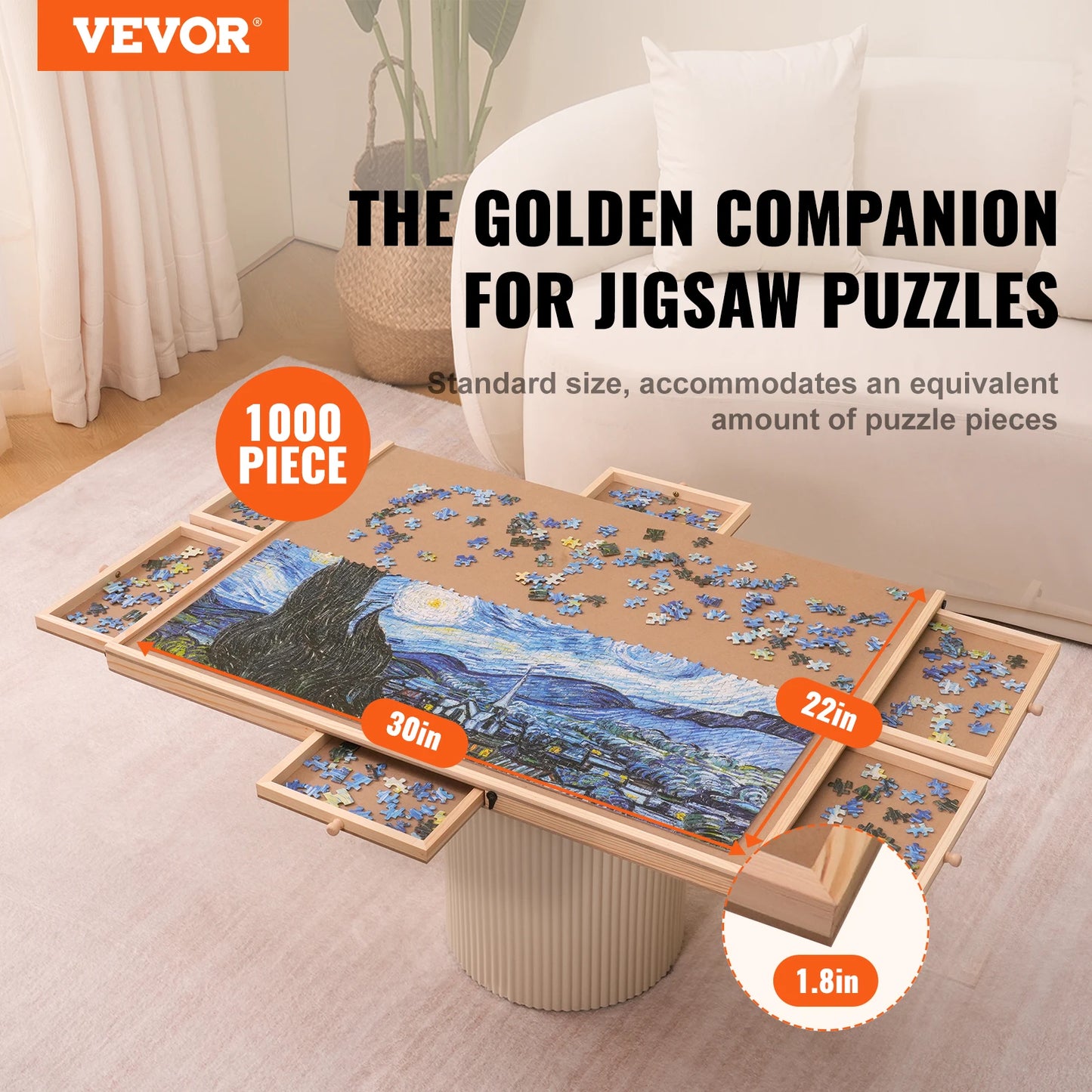 VEVOR 1000dílná deska na puzzle 23" x 22" dřevěný stůl na puzzle s kryty a 6 úložnými zásuvkami pro dospělé a děti
