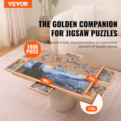 VEVOR 1000dílná deska na puzzle 23" x 22" dřevěný stůl na puzzle s kryty a 6 úložnými zásuvkami pro dospělé a děti