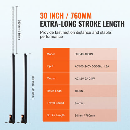 VEVOR 2PCS 12V lineární aktuátor 1000N 30palcová sada elektrického lineárního ovladače motoru IP54 Krytí pro domácí televizní stolek Zvedání pohovky