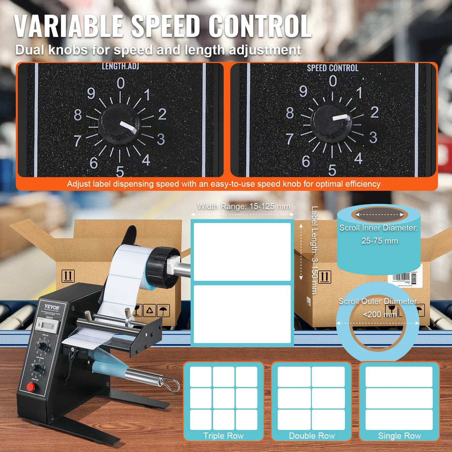 VEVOR LDL-30 Automatický dávkovač štítků Nastavitelná rychlost Počítání aplikátoru štítků 0-99999 Automatický separátor stahovačů štítků