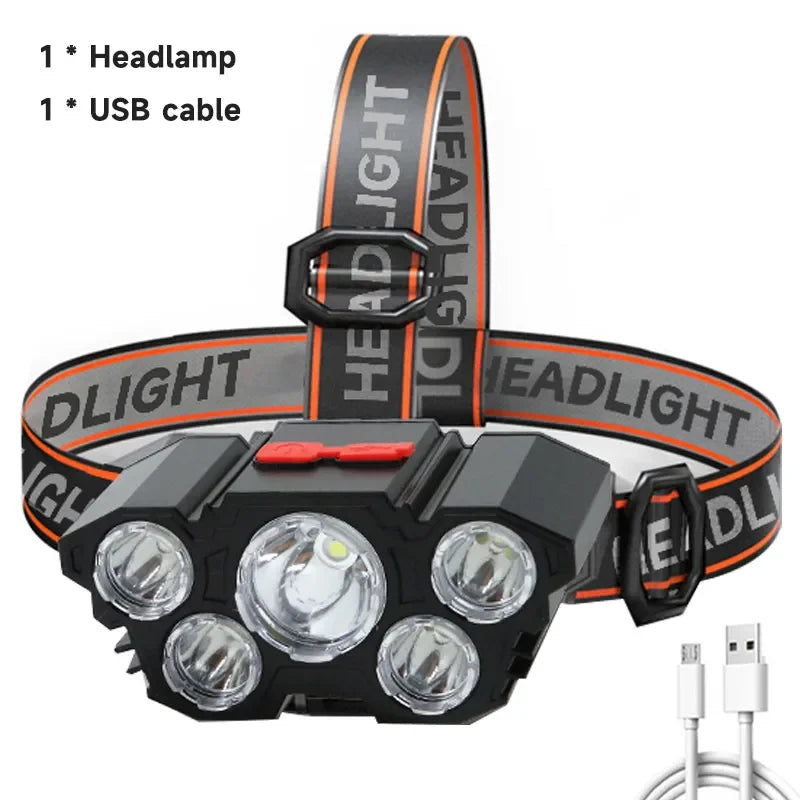 5 LED čelovka dobíjecí s vestavěnou baterií Silné světlo čelovka Camping Adventure Fishing Head Light baterka