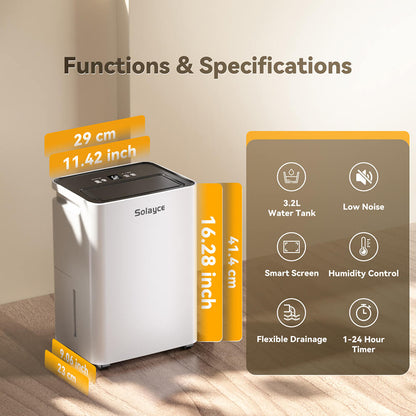 Solayce PD12R-02EE Dehumidifier 12L/24h, 3.2L Large Water Tank, Digital Humidity Display, Coverage Area 35㎡(376 sq. ft), 24H Timer, Ideal for Laundry Drying, Bedroom, Basement, Garage &amp; Kitchen