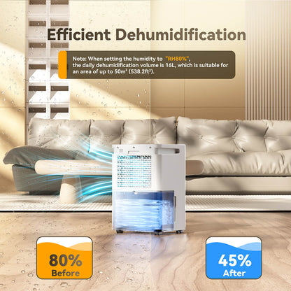 Solayce PD16R-02EE Dehumidifier 16L/24h, 3.2L Large Water Tank, Digital Humidity Display, Coverage Area 50㎡(538 sq. ft), 24H Timer, Ideal for Laundry Drying, Bedroom, Basement, Garage &amp; Kitchen