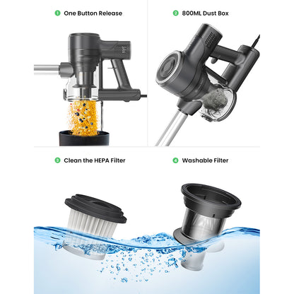 Vactidy C6 Corded Vacuum Cleaner, 18kPa Powerful Suction, 800ml Dust Box, with 7m Cable, 600W Motor, HEPA Filter, Anti-Overheating/Anti-scalding