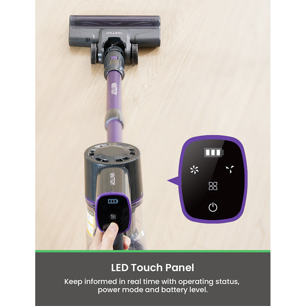 Vactidy V8 Pro Cordless Vacuum Cleaner, 25kPa Powerful Suction, Cyclonic Filtration System, 500ml Dust Cup, LED Touch Display, 180&#176; Rotatable Brush Head, 35min Runtime, Self-Standing Design