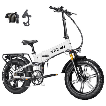 Vitilan I7 Pro 2.0 Foldable Electric Bike, 20*4.0-inch Fat Tire 750W Bafang Motor 48V 20Ah Removable Battery 28mph Max Speed 70miles Max Range Shimano 8 Speed Gear Air Suspension Front Fork Hydraulic Disc Brake LCD Display - White