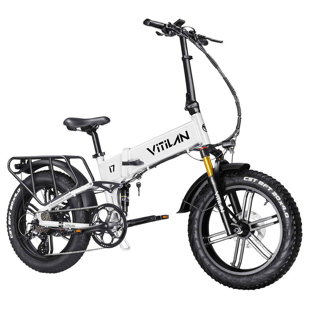 Vitilan I7 Pro 2.0 Foldable Electric Bike, 20*4.0-inch Fat Tire 750W Bafang Motor 48V 20Ah Removable Battery 28mph Max Speed 70miles Max Range Shimano 8 Speed Gear Air Suspension Front Fork Hydraulic Disc Brake LCD Display - White