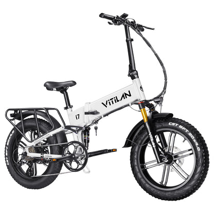 Vitilan I7 Pro 2.0 Foldable Electric Bike, 20*4.0-inch Fat Tire 750W Bafang Motor 48V 20Ah Removable Battery 28mph Max Speed 70miles Max Range Shimano 8 Speed Gear Air Suspension Front Fork Hydraulic Disc Brake LCD Display - White