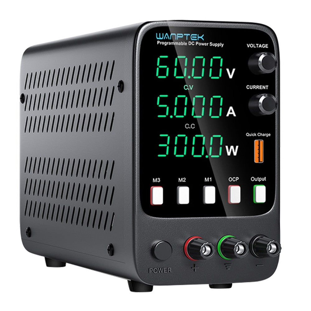 WANPTEK APS605H Programmable Regulated DC Power Supply, 60V 5A, Storage Memory Function, Encoder Adjustment, USB Fast Charge, 4-Digit Display, Low Ripple, Cooling Fan - EU Plug