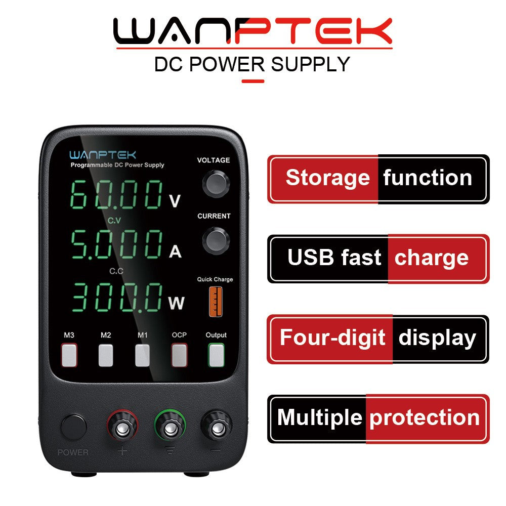 WANPTEK APS605H Programmable Regulated DC Power Supply, 60V 5A, Storage Memory Function, Encoder Adjustment, USB Fast Charge, 4-Digit Display, Low Ripple, Cooling Fan - EU Plug