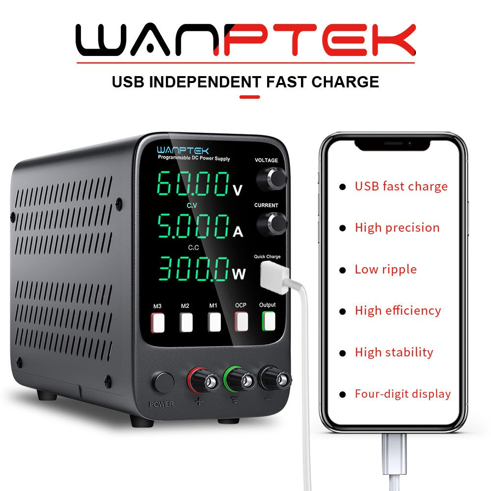 WANPTEK APS605H Programmable Regulated DC Power Supply, 60V 5A, Storage Memory Function, Encoder Adjustment, USB Fast Charge, 4-Digit Display, Low Ripple, Cooling Fan - EU Plug