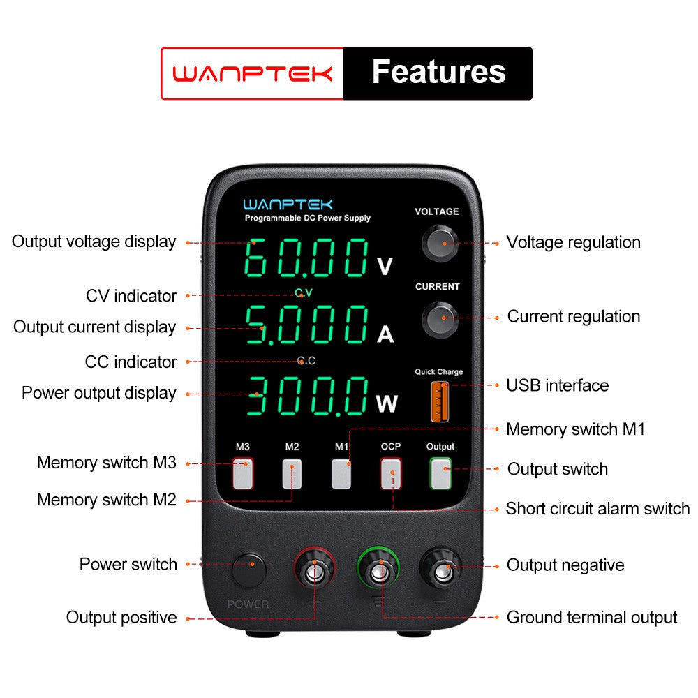 WANPTEK APS605H Programmable Regulated DC Power Supply, 60V 5A, Storage Memory Function, Encoder Adjustment, USB Fast Charge, 4-Digit Display, Low Ripple, Cooling Fan - EU Plug