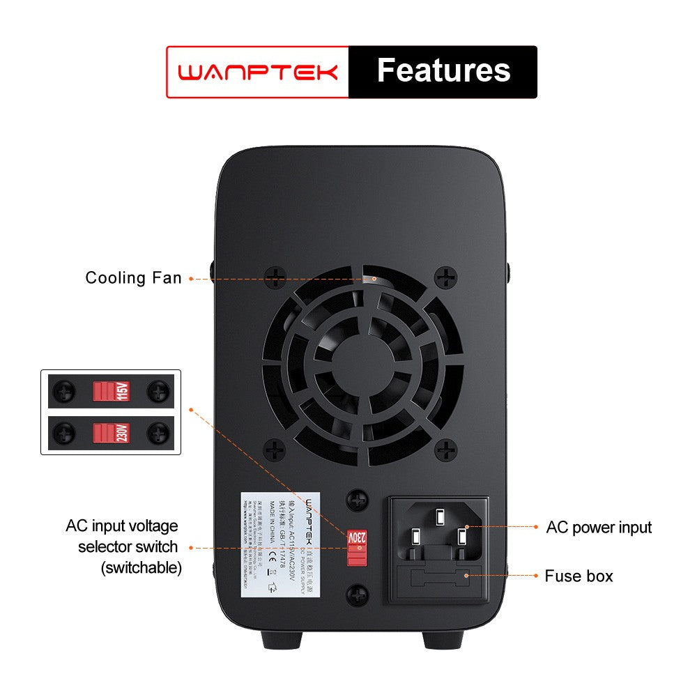 WANPTEK APS605H Programmable Regulated DC Power Supply, 60V 5A, Storage Memory Function, Encoder Adjustment, USB Fast Charge, 4-Digit Display, Low Ripple, Cooling Fan - EU Plug