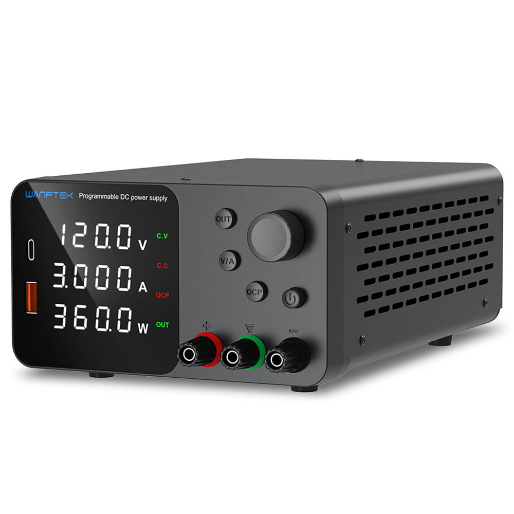 WANPTEK TPS1203 Adjustable Regulated DC Power Supply, 120V 3A, Encoder Adjustment, USB Type-C Fast Charging, 4-Digit Display, Low Noise, A/V Switching, Cooling Fan Black - EU Plug