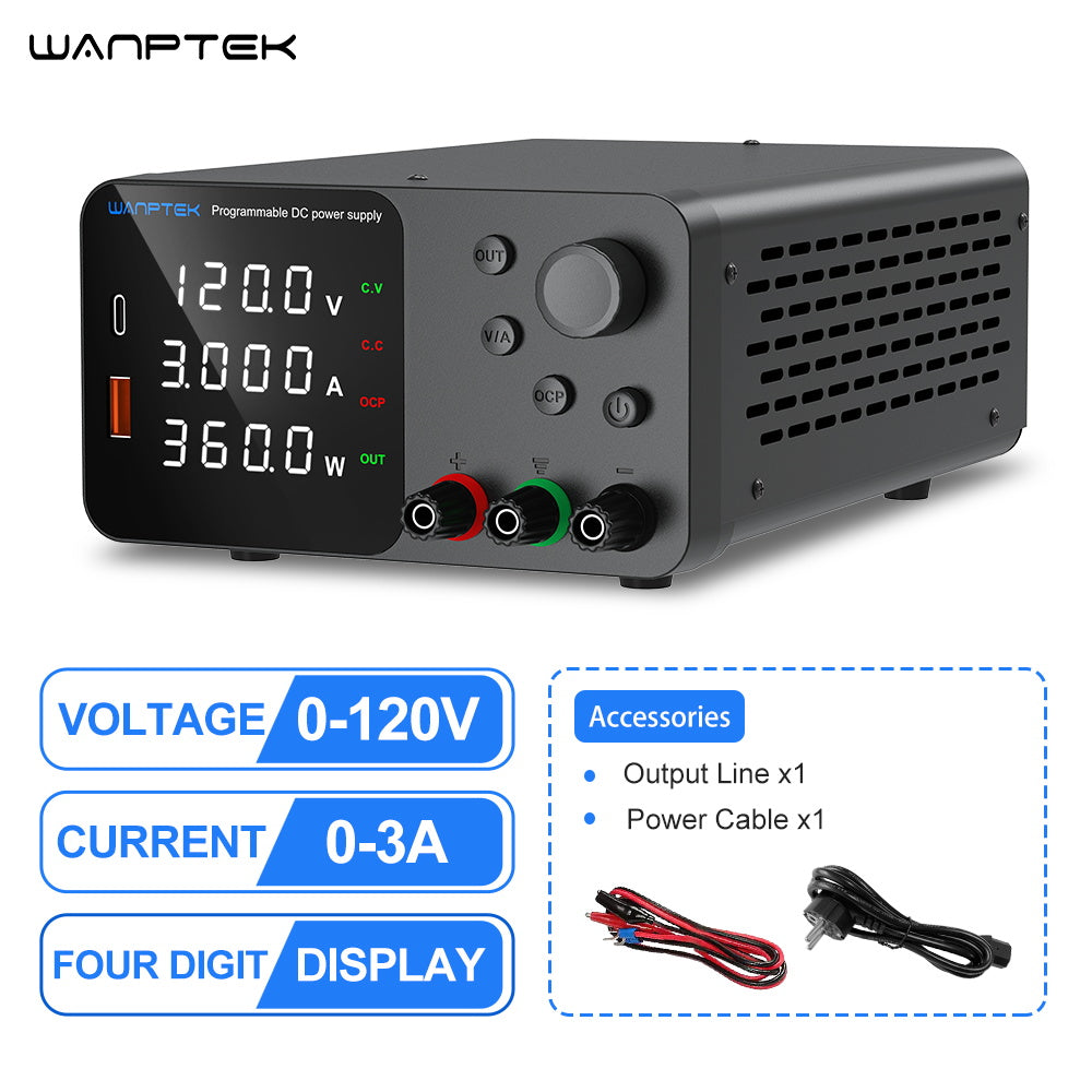 WANPTEK TPS1203 Adjustable Regulated DC Power Supply, 120V 3A, Encoder Adjustment, USB Type-C Fast Charging, 4-Digit Display, Low Noise, A/V Switching, Cooling Fan Black - EU Plug