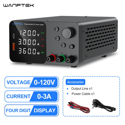 WANPTEK TPS1203 Adjustable Regulated DC Power Supply, 120V 3A, Encoder Adjustment, USB Type-C Fast Charging, 4-Digit Display, Low Noise, A/V Switching, Cooling Fan Black - EU Plug