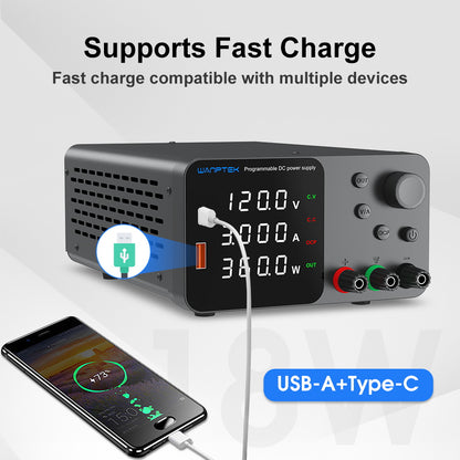 WANPTEK TPS1203 Adjustable Regulated DC Power Supply, 120V 3A, Encoder Adjustment, USB Type-C Fast Charging, 4-Digit Display, Low Noise, A/V Switching, Cooling Fan Black - EU Plug