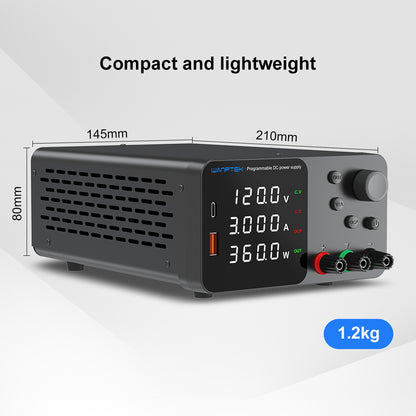 WANPTEK TPS1203 Adjustable Regulated DC Power Supply, 120V 3A, Encoder Adjustment, USB Type-C Fast Charging, 4-Digit Display, Low Noise, A/V Switching, Cooling Fan Black - EU Plug